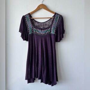 Y2K VTG Free People Tunic Top Purple Embroidered Crochet Women XS Boho Hippie